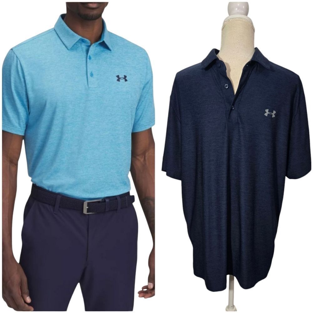 Under Armour Men's Golf Polo Heatgear Heathered Navy Blue Sz Large Loose Fit